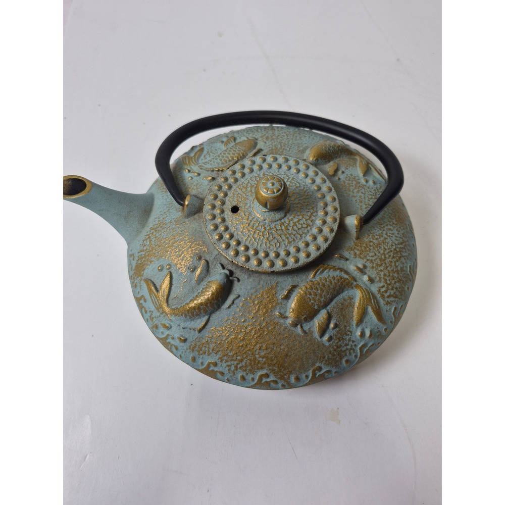 Cast Iron Tetsubin Teapot Blue Gold Koi Fish Japanese Style Tea Kettle with Lid
